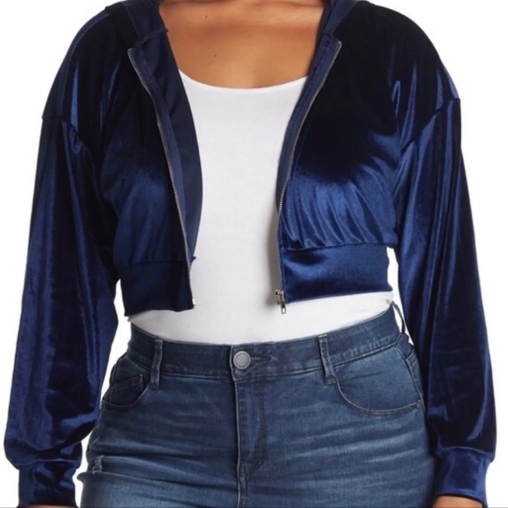 NTW Women Curvy Sense Velvet Zip HoodieJacket Long Sleeve Crop Coat Blue Size 3X